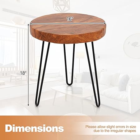 Photo 3 of Giantex Teak Wood End Table, Solid Live Edge Outdoor Side Table w/Natural Grain & Heavy-Duty Metal Legs, Rustic Plant Stand for Living Room Patio Balcony, 16" x 16" x 18" (1, Round)