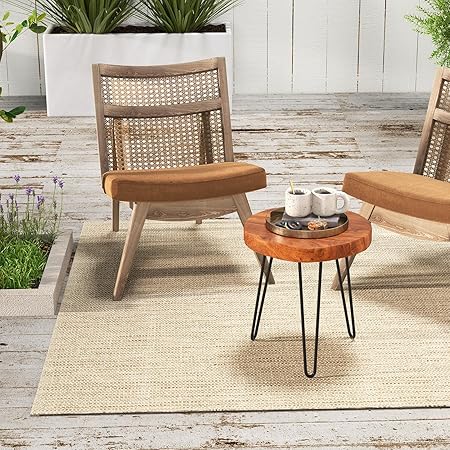 Photo 2 of Giantex Teak Wood End Table, Solid Live Edge Outdoor Side Table w/Natural Grain & Heavy-Duty Metal Legs, Rustic Plant Stand for Living Room Patio Balcony, 16" x 16" x 18" (1, Round)