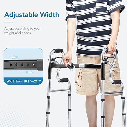 Photo 2 of 3 in 1 Folding Walker with 5” Front Wheels by Health Line Massage Products, Width Adjustable Compact Standard Walker Support Up to 350lbs, Quick Folding 2 Wheels Walker for Seniors, Adults Sliver