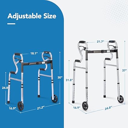 Photo 3 of 3 in 1 Folding Walker with 5” Front Wheels by Health Line Massage Products, Width Adjustable Compact Standard Walker Support Up to 350lbs, Quick Folding 2 Wheels Walker for Seniors, Adults Sliver