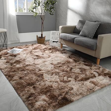 Photo 1 of 4x6 Large Area Rugs for Living Room, Super Soft Fluffy Modern Bedroom Rug, Tie-Dyed Brown Indoor Shag Fuzzy Carpets for Girls Kids Nursery Room Home Decor