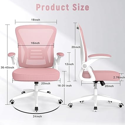 Photo 1 of naspaluro Ergonomic Office Chair, Mid Back Desk Chair with Adjustable Height, Swivel Chair with Flip-Up Arms and Lumbar Support, Breathable Mesh Computer Chair for Home/Study/Working, Pink