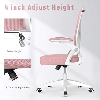 Photo 1 of naspaluro Ergonomic Office Chair, Mid Back Desk Chair with Adjustable Height, Swivel Chair with Flip-Up Arms and Lumbar Support, Breathable Mesh Computer Chair for Home/Study/Working, Pink