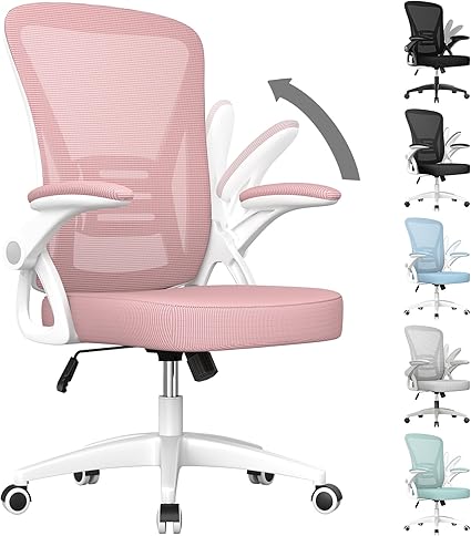 Photo 1 of naspaluro Ergonomic Office Chair, Mid Back Desk Chair with Adjustable Height, Swivel Chair with Flip-Up Arms and Lumbar Support, Breathable Mesh Computer Chair for Home/Study/Working, Pink