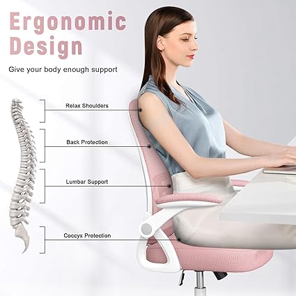 Photo 1 of naspaluro Ergonomic Office Chair, Mid Back Desk Chair with Adjustable Height, Swivel Chair with Flip-Up Arms and Lumbar Support, Breathable Mesh Computer Chair for Home/Study/Working, Pink