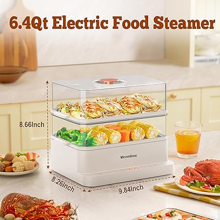 Photo 2 of Electric Food Steamer for Cooking, 6.4Qt Vegetable Steamer with 2-Tier BPA-Free Steam Trays, Quick Simultaneous Cooking for Veggies, Meats, Rice, Seafood, 500W Heating, 24H Delay Start Timer