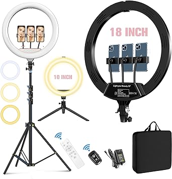 Photo 1 of 18”+10” Ring Light, 2PCS Led Ring Light Kit for iPhone with Tripod Stand and 3 Phone Holders, Adjustable 2700-6500K, Selfie Ring Light with Remote for TikTok, YouTube, Camera, Video, Live Stream