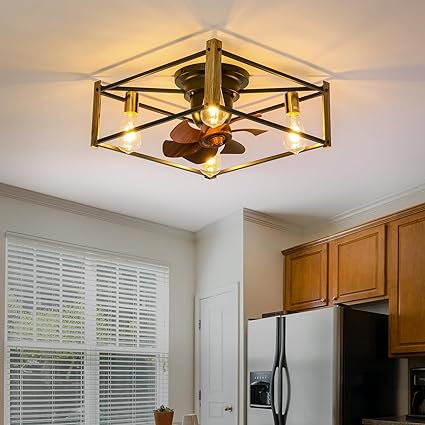 Photo 1 of Ceiling Fans with Lights, Flush Mount Ceiling Fan with Remote Control, 18‘’ Square Bladeless Lighting & Ceiling Fans, Black Caged Industrial Light Fixtures for Living Room, Bedroom