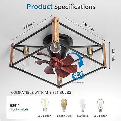 Photo 2 of Ceiling Fans with Lights, Flush Mount Ceiling Fan with Remote Control, 18‘’ Square Bladeless Lighting & Ceiling Fans, Black Caged Industrial Light Fixtures for Living Room, Bedroom