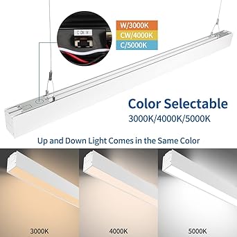 Photo 2 of DAKASON 4FT Linkable LED Linear Light, 35W Down 15W Up Light, 3/4/5000K CCT Selectable, Commercial Linear Lighting Fixture for Office, Dimmable Suspended Lighting for School, Market, 4Pack White