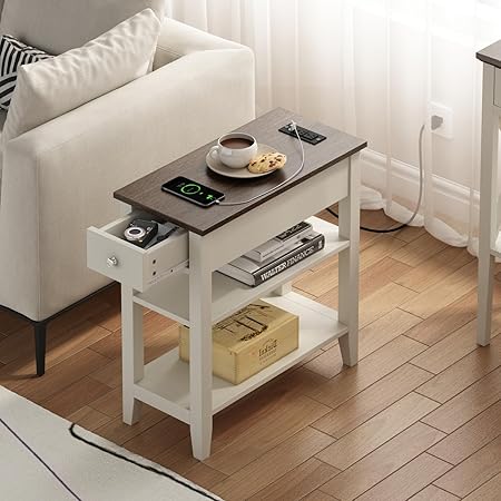 Photo 1 of ChooChoo Farmhouse End Table with Charging Station, Narrow Side Table Living Room with USB Ports & Power Outlets and Hidden Drawer,White and Brown