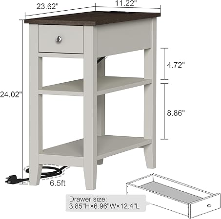 Photo 2 of ChooChoo Farmhouse End Table with Charging Station, Narrow Side Table Living Room with USB Ports & Power Outlets and Hidden Drawer,White and Brown