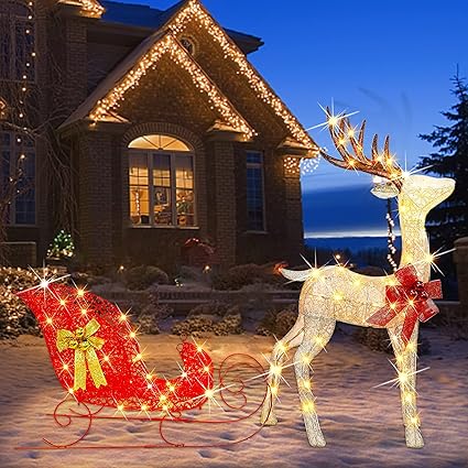Photo 1 of Zcaukya Christmas Yard Decoration, 4 FT 120 LEDs Pre-lit 3D Reindeer & Sleigh Outdoor Decorations, Warm White Light Up Glittered Standing Ornaments for Xmas Garden Patio Lawn Front Door Display