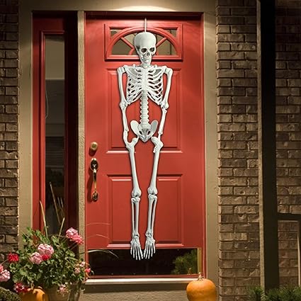 Photo 2 of Halloween Life Size Skeleton, 5.4FT Skeleton Decor Realistic Full Body Bones Poseable Halloween Skeleton Prop with Movable Joints for Indoor Outdoor Party Haunted House Lawn Décor. Spider Webs included with plastic spiders included.