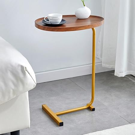 Photo 1 of Side Table for Small Spaces End Table Slide Under Sofa Couch Bed C Shaped Tray Table with Metal Frame for Snack Laptop TV Dinner (Color : Walnut, Size : Gold Shelf)