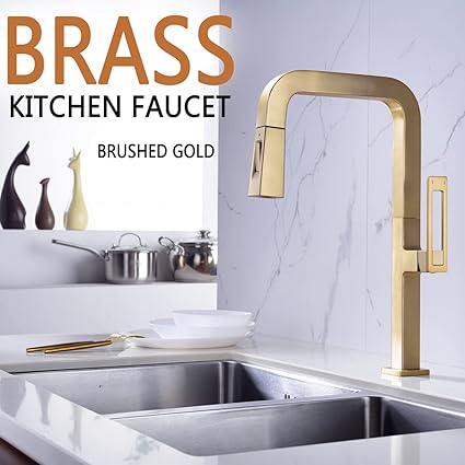 Photo 2 of Brushed Gold Kitchen Faucet Single Handle Brass Bar Sink Faucet with Pull Down Sprayer, Square Shaped