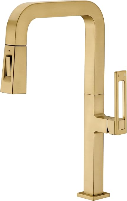 Photo 1 of Brushed Gold Kitchen Faucet Single Handle Brass Bar Sink Faucet with Pull Down Sprayer, Square Shaped