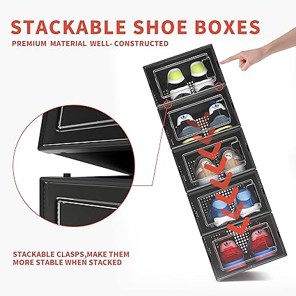 Photo 2 of 12 Pack Shoe Organizer Boxes, Black Plastic Stackable Shoe Storage Bins For Closet, Space Saving Shoe Holder Sneaker Display Case for Medium Size Shoes