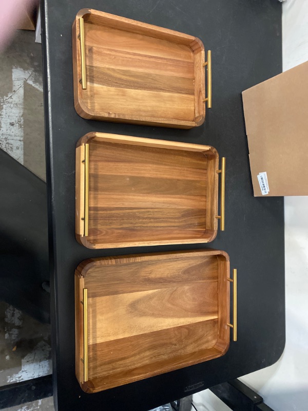 Photo 3 of Wood Serving Tray with Handles,Decorative Tray Set of 3 with Nesting Stacking Design,Rustic Ottoman Tray for Kitchen Counter/Coffee Table/Living Room Decor,Versatile Tray for Party Picnic Barbecue