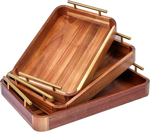 Photo 1 of Wood Serving Tray with Handles,Decorative Tray Set of 3 with Nesting Stacking Design,Rustic Ottoman Tray for Kitchen Counter/Coffee Table/Living Room Decor,Versatile Tray for Party Picnic Barbecue