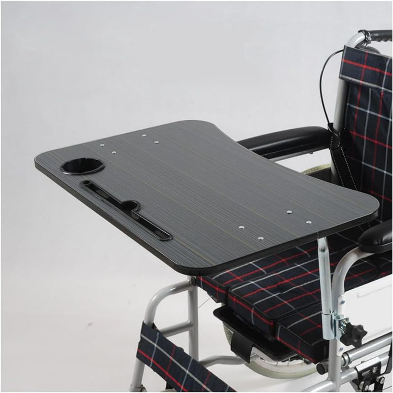 Photo 2 of Detachable Wheelchair Dining Table, Wheelchair Tray Wooden with Mobile Phone Card Slot and Water Cup Card Slot, for Wheelchair Users Eating, Working with Laptops, Reading and Writing,Grey