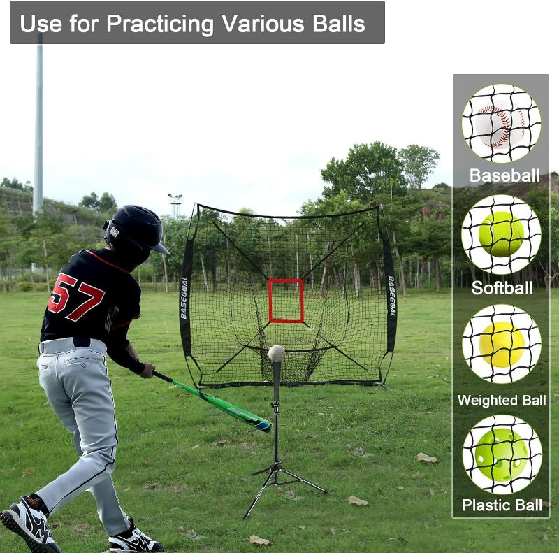 Photo 2 of 7'×7' Baseball Softball Practice Net,Baseball Backstop,for Hitting Pitching Batting Catching with Bow Frame,Bonus Strike Zone