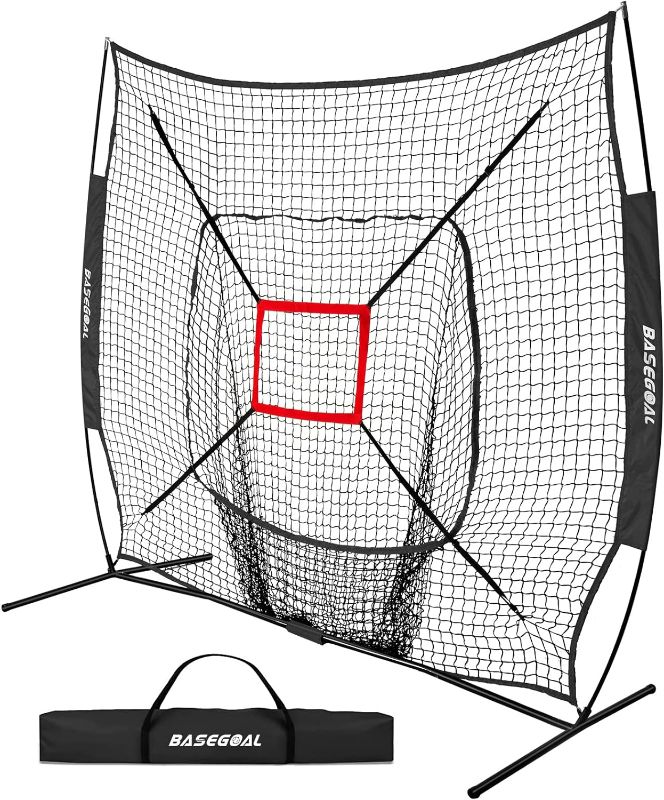 Photo 1 of 7'×7' Baseball Softball Practice Net,Baseball Backstop,for Hitting Pitching Batting Catching with Bow Frame,Bonus Strike Zone