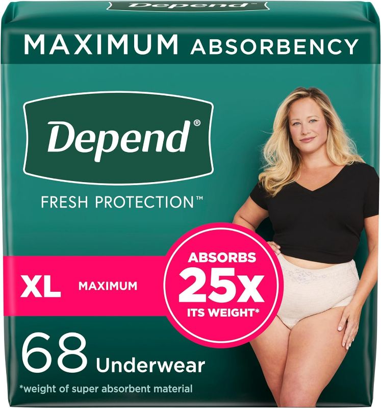 Photo 1 of Depend Fresh Protection Adult Incontinence & Postpartum Bladder Leak Underwear for Women, Disposable, Maximum, Extra-Large, Blush, 68 Count (2 Packs of 34), Packaging May Vary