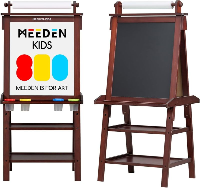 Photo 1 of MEEDEN Easel for Kids - Kids Easel with Paper Roll - Double Sided Solid Pine Wood Art Easel - Kids Art Easel with Chalkboard & Magnetic Whiteboard - Walnut