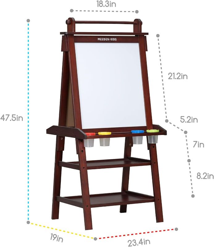 Photo 2 of MEEDEN Easel for Kids - Kids Easel with Paper Roll - Double Sided Solid Pine Wood Art Easel - Kids Art Easel with Chalkboard & Magnetic Whiteboard - Walnut