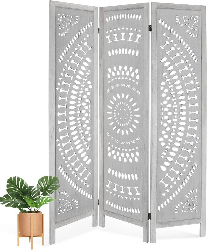 Photo 1 of ECOMEX 3 Panel Wood Room Dividers Fully Assembled 5.6Ft Carved Room Dividers and Folding Screens Room Divider Screen Wood Freestanding Partition for Home Bedroom Office Restaurant, Retro White