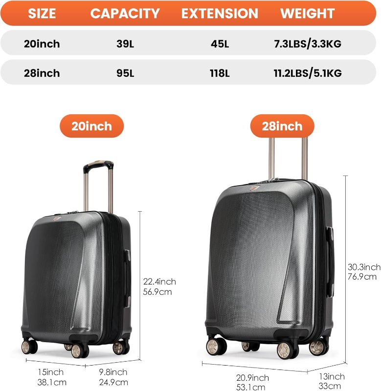 Photo 2 of Expandable Luggage 2 Piece Sets,PC+ABS Suitcase with Spinner Wheels TSA lock,Gray