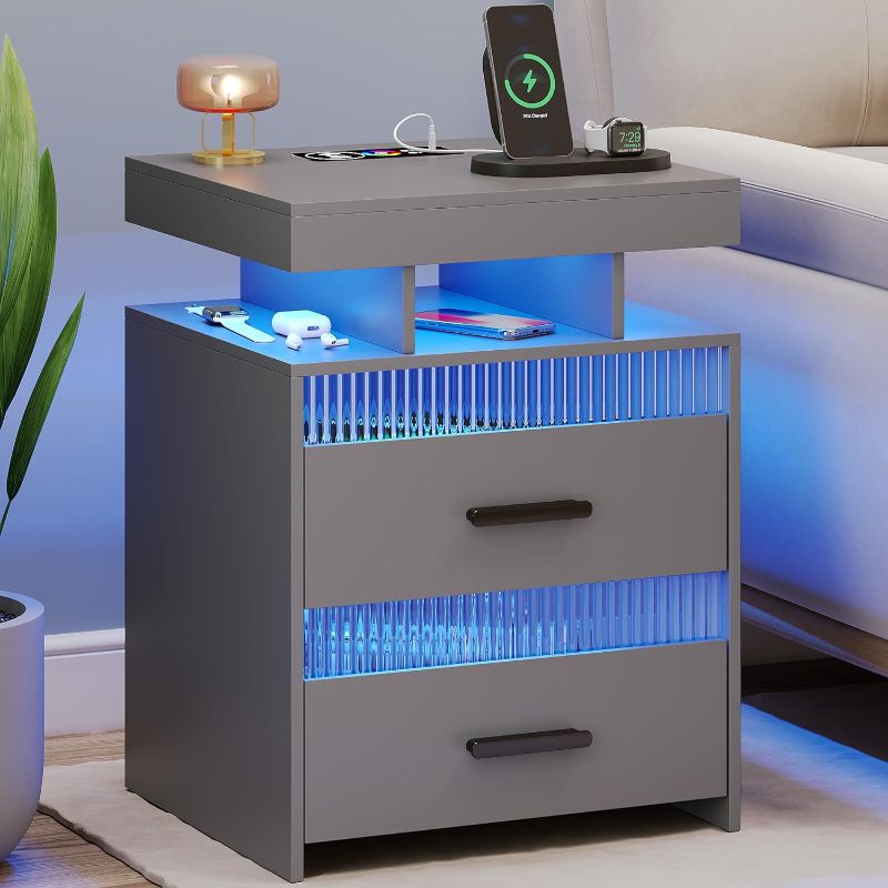 Photo 1 of Grey Night Stand with Charging Station: All in One Nightstand with Drawers Bedside Table with LED Light & Human Sensor Design Modern End Table for Bedroom Livingroom Office