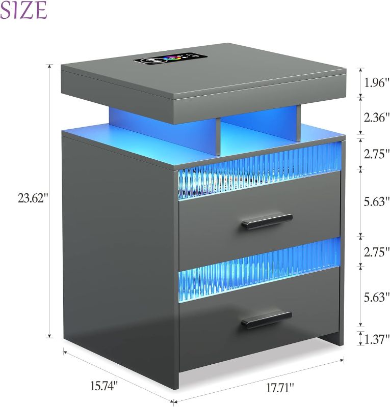 Photo 2 of Grey Night Stand with Charging Station: All in One Nightstand with Drawers Bedside Table with LED Light & Human Sensor Design Modern End Table for Bedroom Livingroom Office