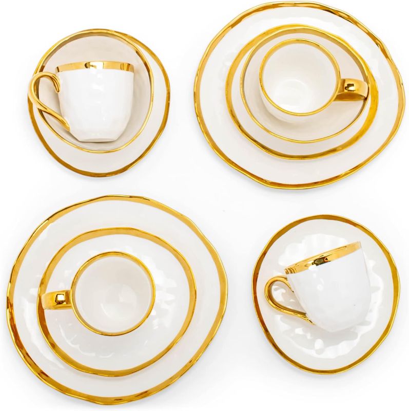 Photo 2 of Elanze Designs 16-Piece Metallic Bubble Porcelain Ceramic Plates Bowls Mugs Dinnerware Set - Service for 4, White With Gold Accents