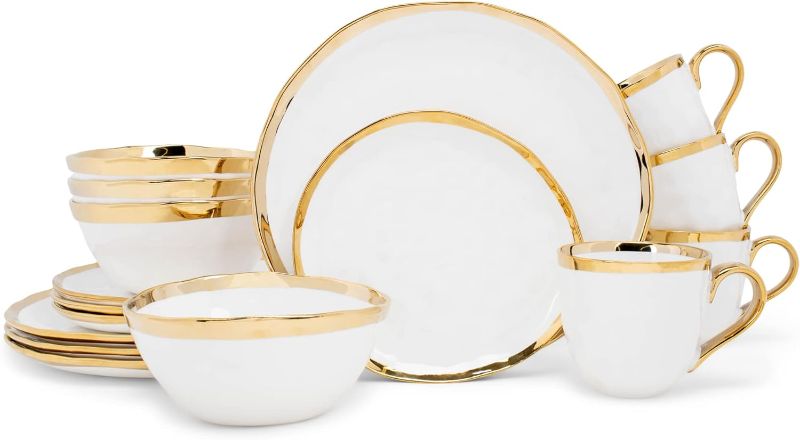 Photo 1 of Elanze Designs 16-Piece Metallic Bubble Porcelain Ceramic Plates Bowls Mugs Dinnerware Set - Service for 4, White With Gold Accents