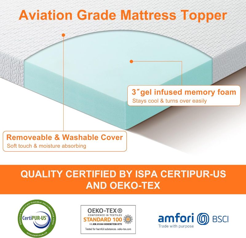 Photo 2 of bedluxury 3 Inch Full Size Cooling Mattress Topper Gel Memory Foam, High Density Soft Foam Mattress Pad Cover for Pressure Relief, Bed Topper with Removable Breathable Cover