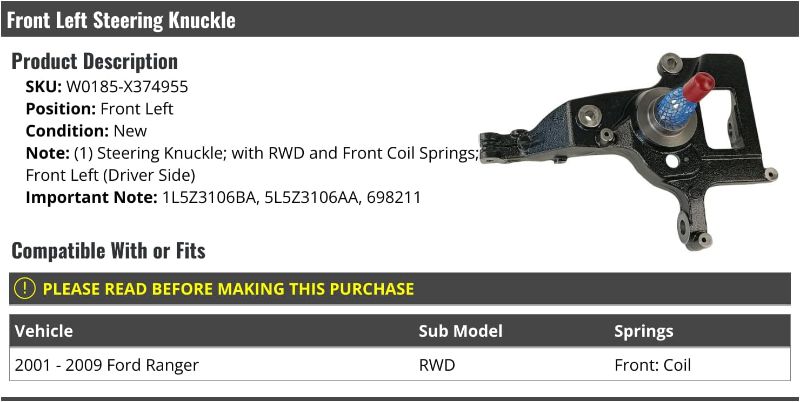 Photo 2 of Front Left Driver Side Steering Knuckle - Compatible with 2001-2009 Ford Ranger (RWD and Front Coil Springs)