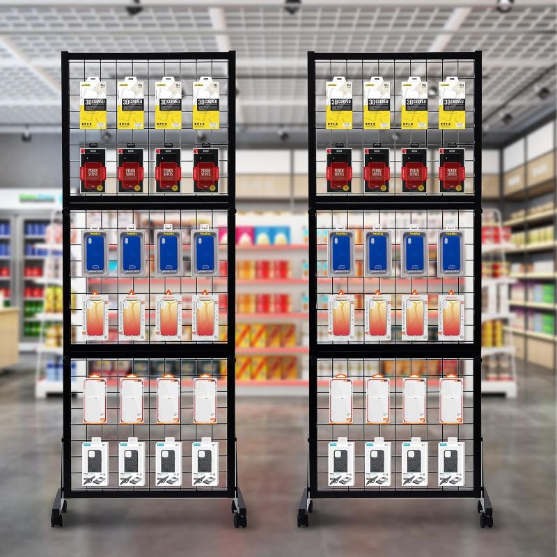 Photo 1 of 2-Pack 5.25'x2' Grid Wall Panel Tower, 3-Layer Heavy Movable Steel Wire Grid Wall Display Rack with T-Base Floorstanding on Wheels, Art Show Display Panels with 20 Hooks for Retail,Home,Black