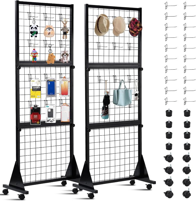 Photo 1 of 2-Pack 5.25'x2' Grid Wall Panel Tower, 3-Layer Heavy Movable Steel Wire Grid Wall Display Rack with T-Base Floorstanding on Wheels, Art Show Display Panels with 20 Hooks for Retail,Home,Black