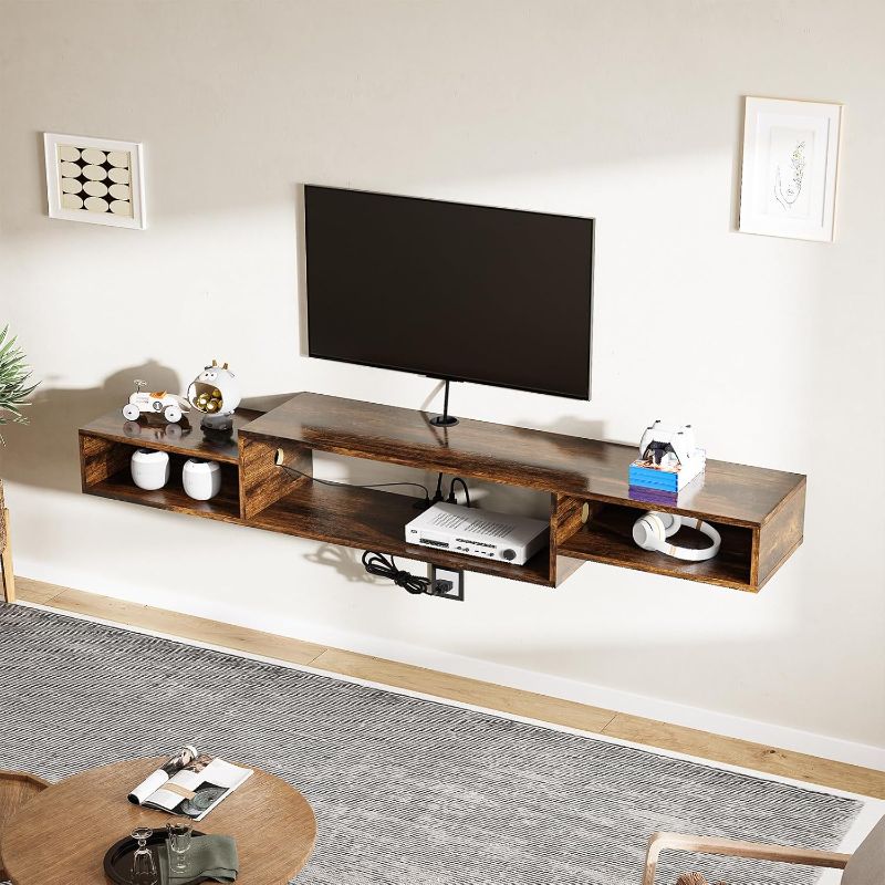 Photo 1 of Floating TV Stand with LED Lights, Power Outlet, 59" Floating TV Shelf for Cable Box Audio Video, Floating Entertainment Center with Storage Shelf for Living Room and Bedroom, Rustic Brown