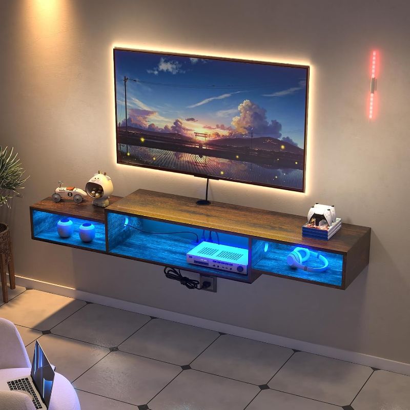 Photo 1 of Floating TV Stand with LED Lights, Power Outlet, 59" Floating TV Shelf for Cable Box Audio Video, Floating Entertainment Center with Storage Shelf for Living Room and Bedroom, Rustic Brown