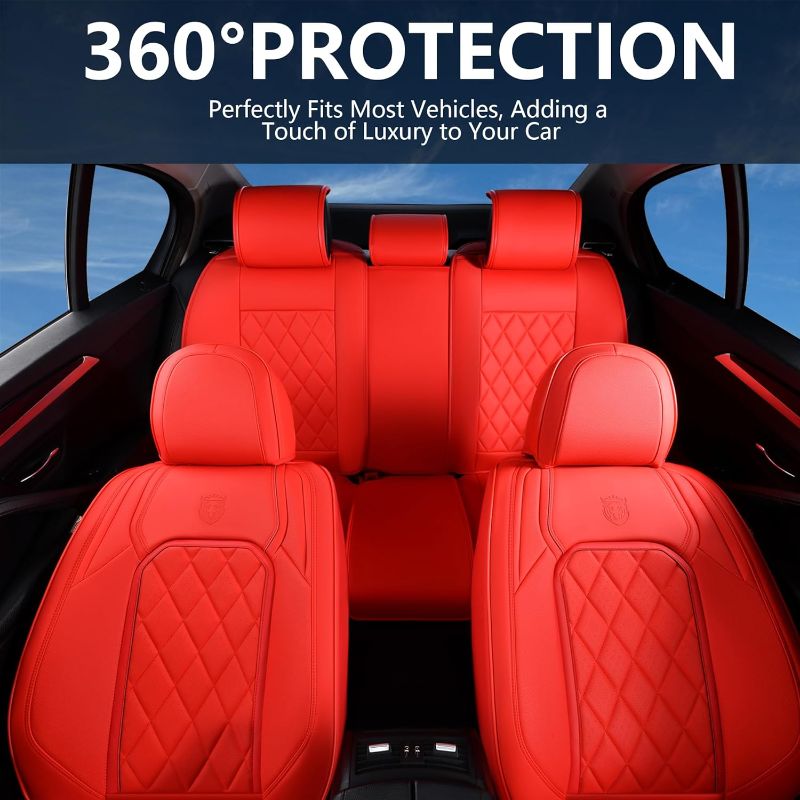 Photo 2 of Coverado Car Seat Covers Full Set, 5 Seat Universal Seat Covers for Cars, Luxury Faux Leather Waterproof Seat Covers, Front and Back Car Seat Protector, Auto Seat Covers Fit for Most Vehicles, Red