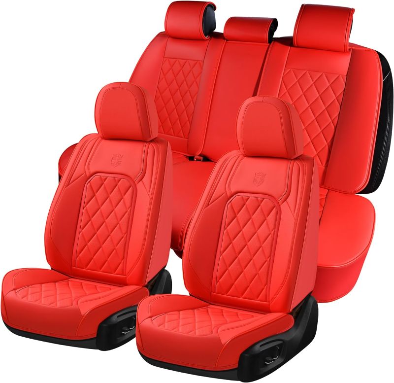 Photo 1 of Coverado Car Seat Covers Full Set, 5 Seat Universal Seat Covers for Cars, Luxury Faux Leather Waterproof Seat Covers, Front and Back Car Seat Protector, Auto Seat Covers Fit for Most Vehicles, Red