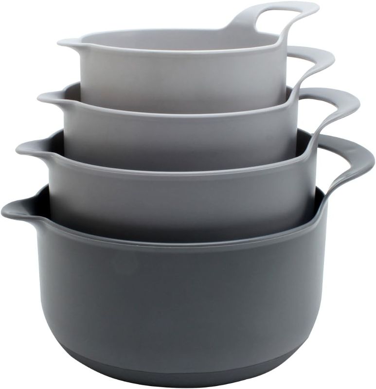 Photo 1 of COOK WITH COLOR Mixing Bowls - 4 Piece Nesting Plastic Mixing Bowl Set with Pour Spouts and Handles - Non Slip Bottom and Measurement Markings (Grey)