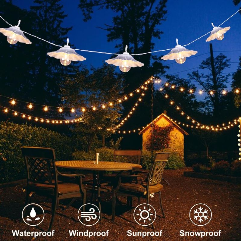 Photo 1 of Decorative Lantern String Lights Outdoor, Battery Operated Patio Lights with Timer, G40 Shtterproof LED Bulbs with White Metal Lampshades, Novelty String Lights for Garden, Balcony, Party or Wedding