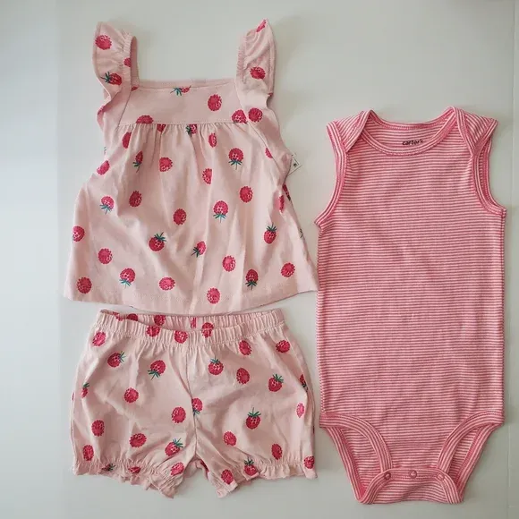 Photo 1 of Carters Baby Girl Raspberries Top & Bottom Set Striped Pink 3m Outfit Ruffles