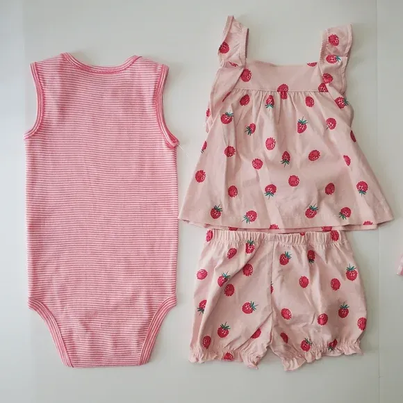 Photo 2 of Carters Baby Girl Raspberries Top & Bottom Set Striped Pink 3m Outfit Ruffles