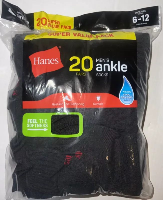 Photo 1 of Hanes 20 prs ANKLE socks heel and toe cushioning BLACK SIZE 6-12 Wicking