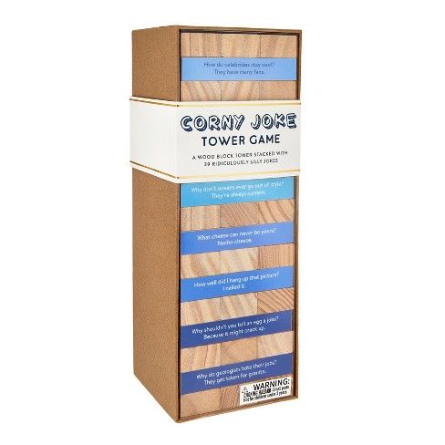 Photo 1 of Corny Joke Tower Game A wood block tower stacked with 39 ridiculously silly jokes